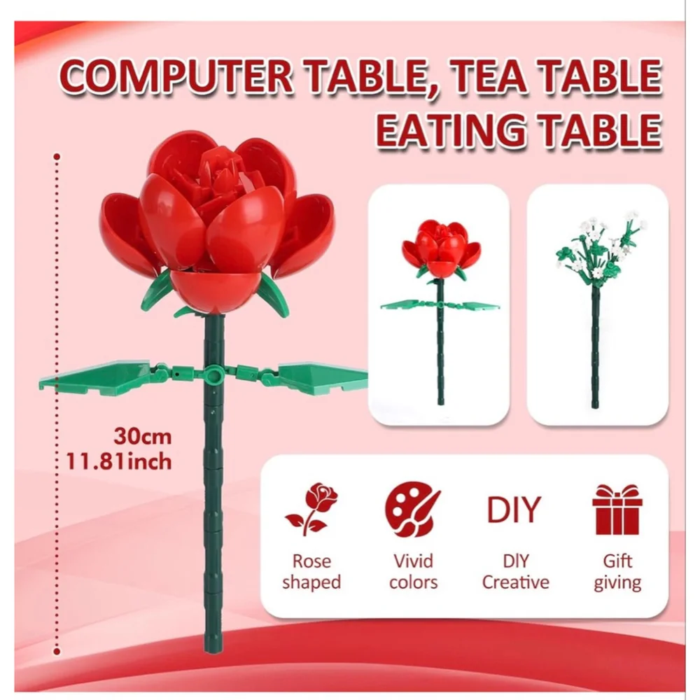 NEW Dexblocks Red & White Faux Floral Rose Bouquet Building Blocks One Size